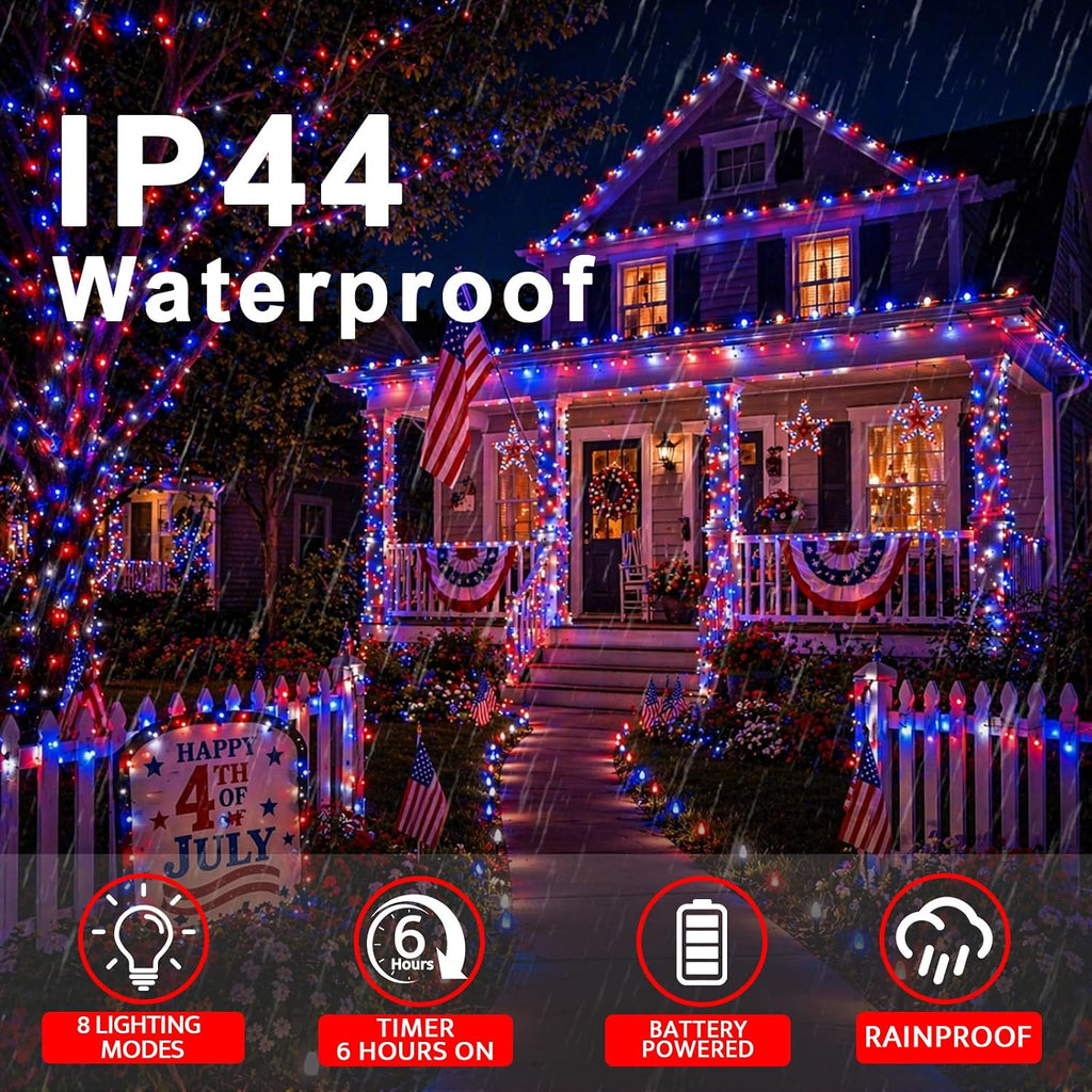 2 Pack 100 LED 38.4FT Red White and Blue Lights Battery Operated, 8 Modes with Timer, Patriotic Indoor/Outdoor Party Decor for Memorial Day & Independence Day 4th of July Decor