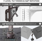 10 X 13 FT Cantilever Outdoor Patio Umbrella with Led Lights Large Heavy Duty 360° Rotation Double Top Offset Rectangular Umbrellas for Backyard Garden Pool Outside Deck, Grey