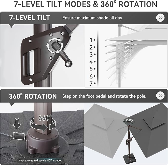 10 X 13 FT Cantilever Outdoor Patio Umbrella with Led Lights Large Heavy Duty 360° Rotation Double Top Offset Rectangular Umbrellas for Backyard Garden Pool Outside Deck, Grey