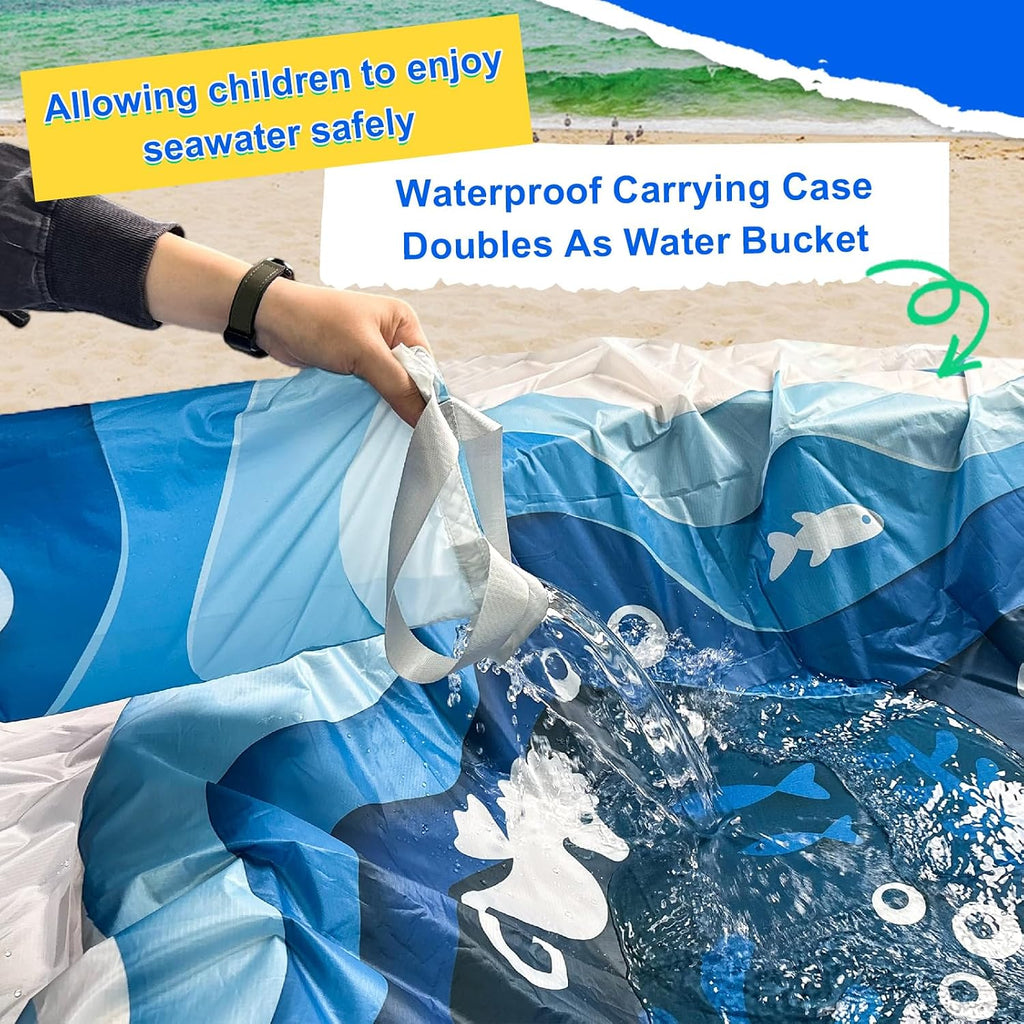 6.5 X 6.5Ft Baby Beach Pool, 2 in 1 Square Portable Toddler Beach Puddle | Cartoon Ocean Theme, Waterproof & Sandproof, Cute Toddler Paddling Pool Beach Blanket with Carrying Bag for Boys Girls, Blue