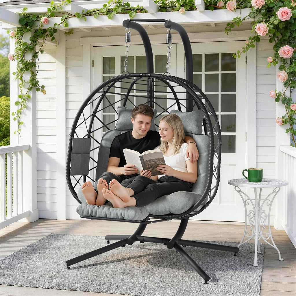 Suteck Double Hanging Egg Chair with Adjustable Footrest & Stand, Grey | Indoor Outdoor 2 Person Hanging Wicker Hammock Swing Chairs, With Cushion, 660lbs Capacity, For Patio, Bedroom, Lawn, Garden