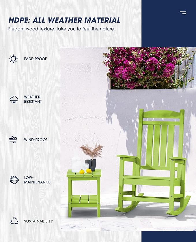 KINGYES HDPE Outdoor Rocking Chair Set of 4, All-Weather Poly Patio Rocking Chairs with 330lbs Support for Adults, Pistachio Green