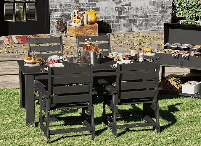 GREENVINES Outdoor Dining Table | 67’’ | HDPE | Rectangle Tables for 6 | All-Weather | Umbrella Hole | Patio Furniture | for Poolside Backyard Garden | Black