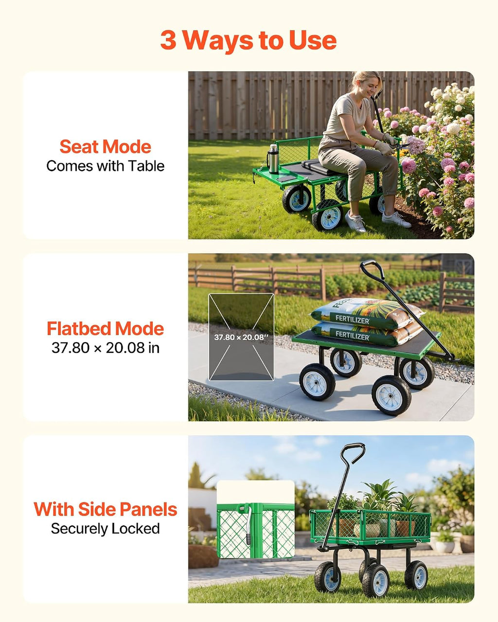 vevor 500 lbs steel garden cart with work showing dimensions