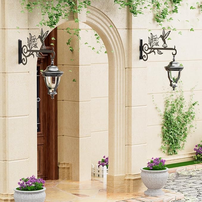 2-Pack Aesthetic Plant Hangers Outdoor – 10 Inch Metal Hanging Plant Bracket with Beautiful Hummingbird Pattern – Anti Rust Plant Hooks for Hanging Plants, Bird Feeder, Windchime, Lantern