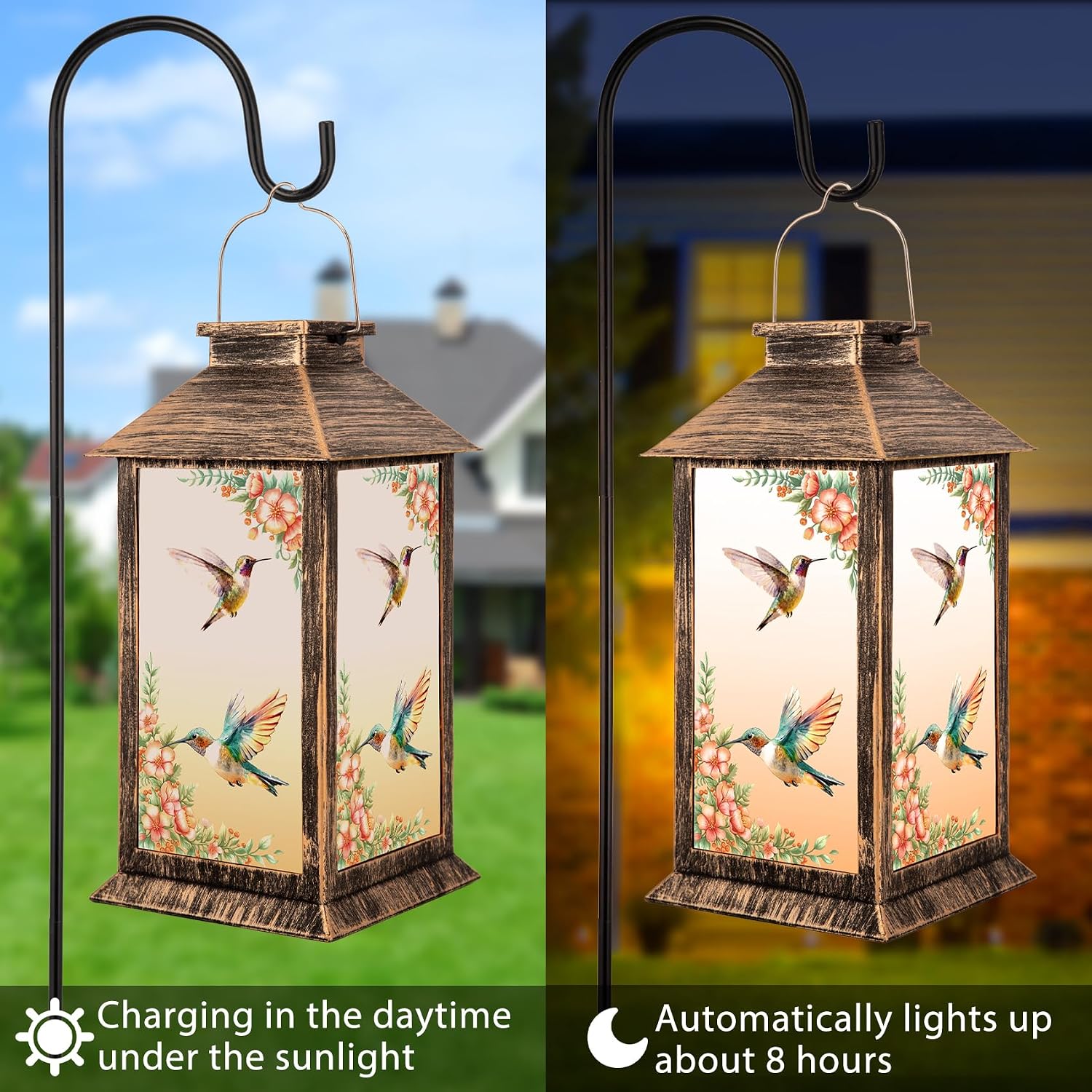 YHmall 5.5 x 13.8 Inch Hummingbird Solar Lanterns Outdoor Waterproof | Birthday Gifts for Women Mom and Grandma, Hanging Decorative Solar Lantern for Garden Yard Lawn Patio Decor
