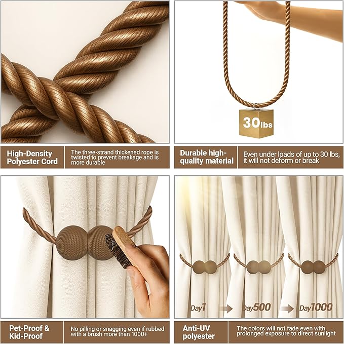 Hion Magnetic Curtain Tiebacks Dark Brown 2pcs, Curtain Tiebacks Buckles Holdbacks Holders Hooks Clip for Home Bedroom Office Decorative Curtain