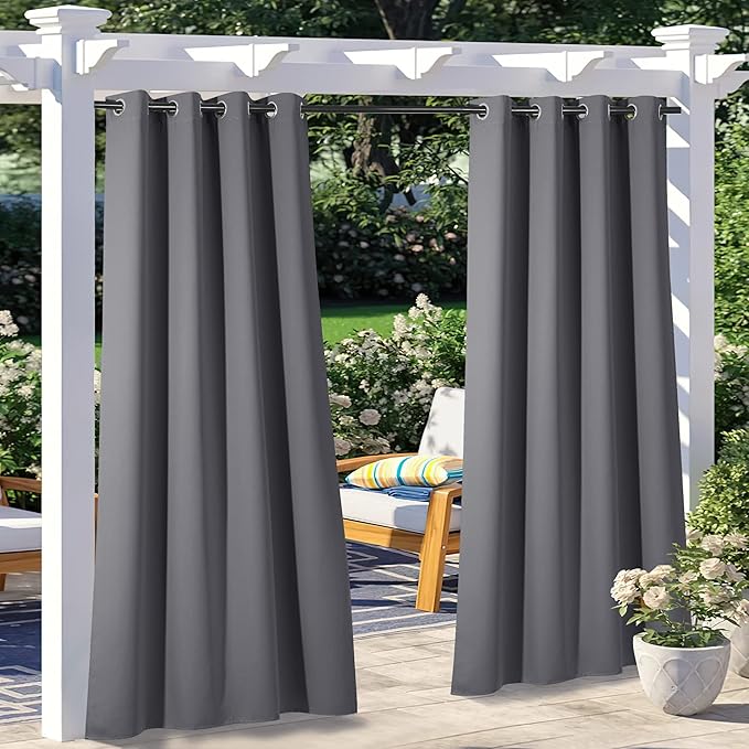 NICETOWN 2 Panels Patio Outdoor Curtains Grey Waterproof, Thermal Insulated Stainless Steel Ring Top Blackout Outdoor Indoor Window Drapes for Gazebo/Playground, W52 x L95 Inch, Grey