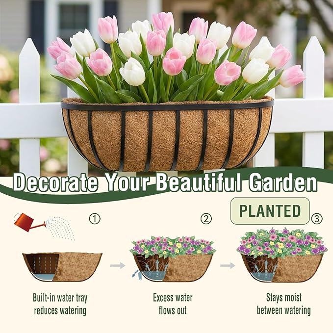 2 Pcs 24 Inch Trough Coco Liner for Window Box, 100% Natural Half Moon Coconut Coir Planter, Replaceable Coconut Fiber Liner for Window Boxes & Fence Flower Baskets (2, 24 inch)