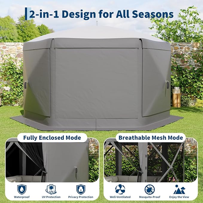 11.5x11.5FT 6-Sided Pop Up Gazebo Tent，One-Push Setup Canopy Tent with Mesh Panels & Removable Wind Cloths, Outdoor shelter for Camping, Backyard Parties, Outdoor Events - Grey