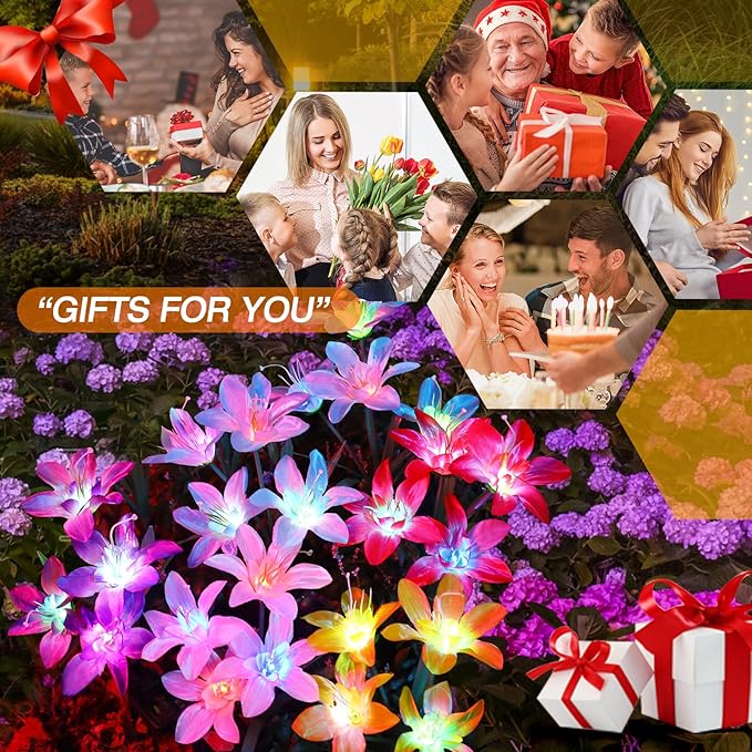 Aukora Solar Garden Lights Outdoor 5 Pack, 5 Colors Lily Flowers & 7-Color Changing Slide Beads Waterproof for Outside Pathway Patio Yard Decorations ＆ Mother's Day Gift, Red Yellow Blue White Purple
