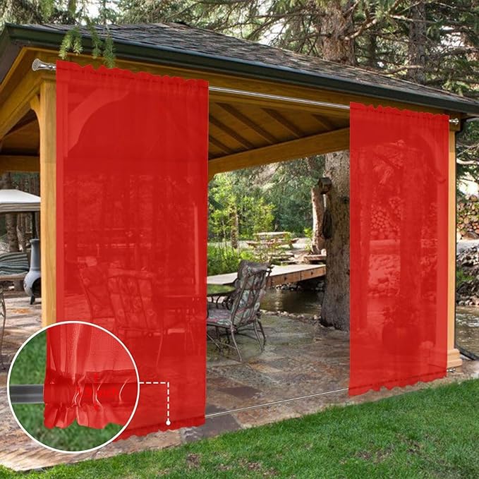 SpaceDresser Waterproof Outdoor Sheer Curtains for Patio - 2 Panels Rod Pocket Indoor Voile Sheer Curtain for Living Room,52W x 84L inch, Red