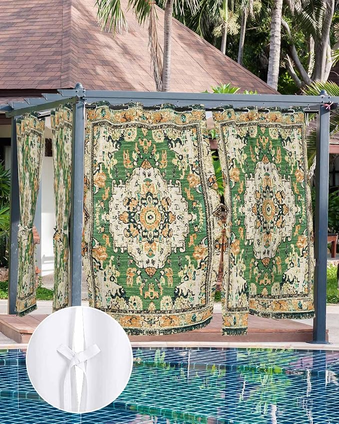 Ombre Green Boho Outdoor Curtains for Patio Waterproof, Grommet Privacy Curtain Drapes Weatherproof Outside Curtains for Porch GazeboPergola Cabana 1 Panel 54x84inch Vintage Ethnic Tribal Geometric