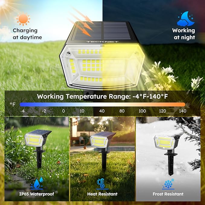 TECKNET Spot Lights Outdoor with 59 LED, 4 Pack Solar Lights Outdoor Waterproof IP65, Auto On/Off Solar Spot Lights, 3 Lighting Modes Solar Powered Garden, 2-in-1 Solars Landscape Light (Warm White)