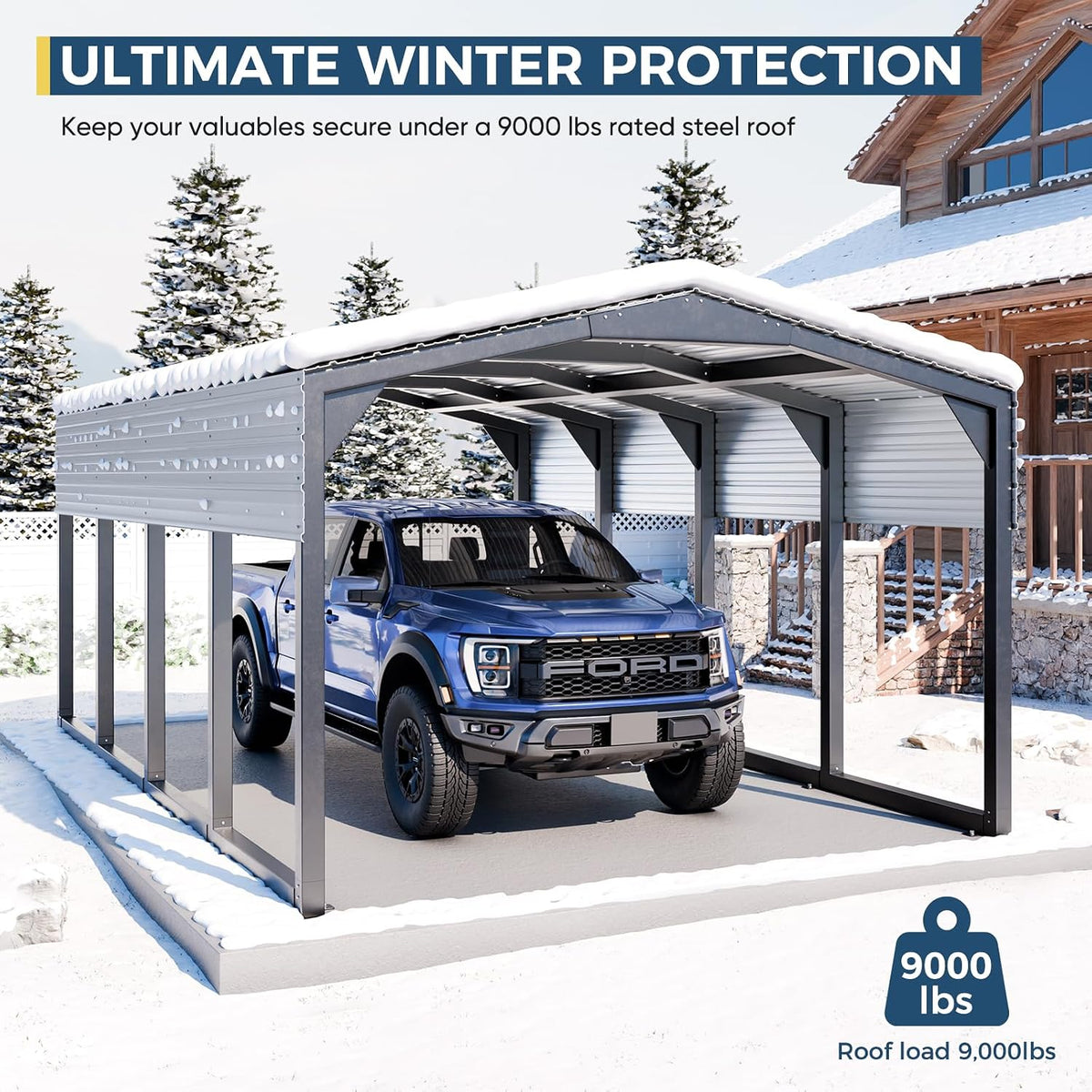 military-grade metal carport 12x20 ft, heavy- duty galvanized showing dimensions