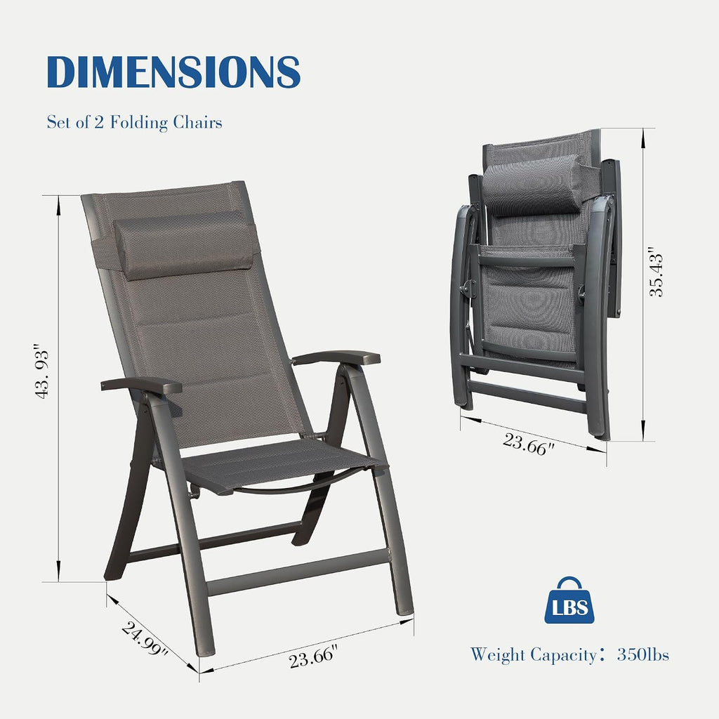 Domi Patio Folding Chairs Set of 2, Outdoor Reclining Chairs Set with Moveable Headrest, Aluminum Frame Outdoor Portable Chairs with Adjustable High Backrest and Padded Textilene Fabric Seat