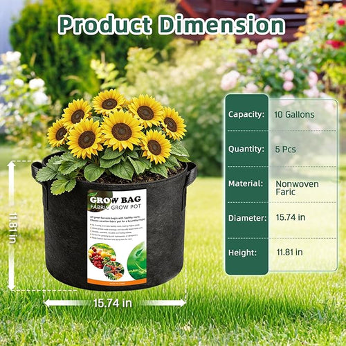 5 Pack 10 Gallon Thickened Grow Bags, Aeration Nonwoven Fabric Planting Bags with Handles, Heavy Duty 300G Garden Planter Pot for Tomato, Potato, Strawberry, Vegetable, Fruits and Flowers