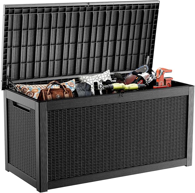 320 Gallon Resin Deck Box, Lockable Weatherproof Outdoor Storage Box for Furniture, Garden Tools and Tools Storage, Waterproof Outside Storage Boxes - Black