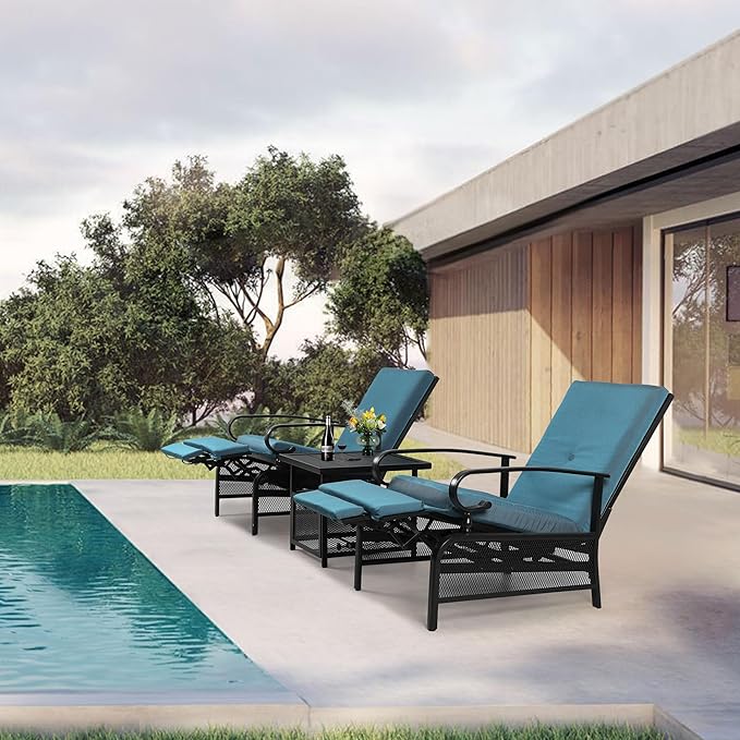 Oakcloud Adjustable Outdoor Lounge Chair Metal Patio Relaxing Recliner Chair Set with Bistro Table and Removable Cushions(Peacock Blue)