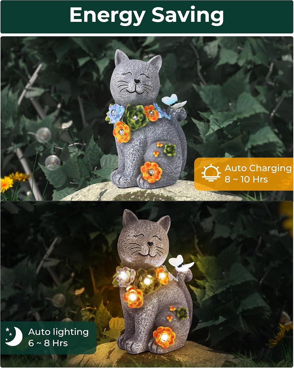 Vuees Solar Garden Statues Outdoor Decor, 6 LED Cat Flowers Butterfly Figurine Lights, Waterproof for Balcony Patio Porch Lawn Yard Ornament Art - Gift Ideas for Housewarming Gardening Grandma Women