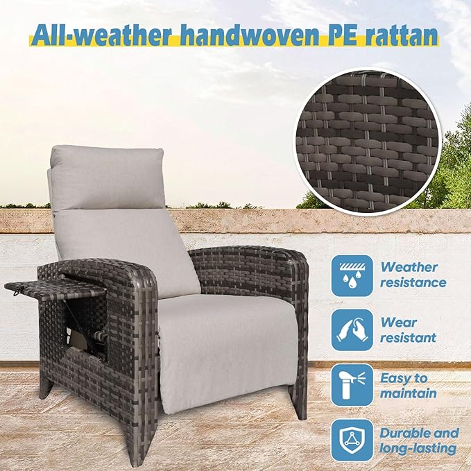 Upgraded Outdoor Recliner Chair, Reclining Patio Chairs with Adjustable Back up to 150°Lay Flat and Extended Footrest, Wicker Recliner Chairs with Flip Table and Removable Olefin Cushion