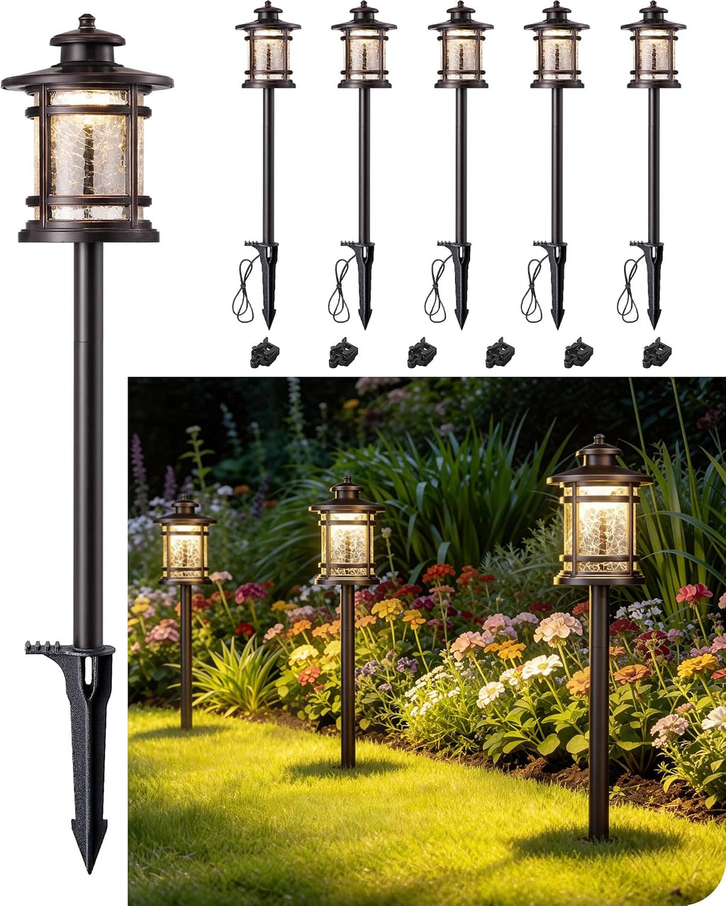 EDISHINE Low Voltage Pathway Lights Waterproof Landscape Path Lights 6 Pack | Hammered Glass, 3.4W 155LM 12V 3000K, 50,000H, Weatherproof for Yard, Garden, Driveway, Oil-Rubbed Bronze