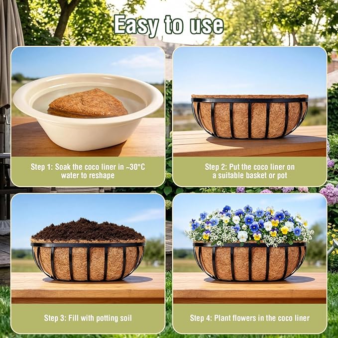 2 Pcs 36 Inch Trough Coco Liner for Window Box, 100% Natural Half Moon Coconut Coir Planter, Replaceable Coconut Fiber Liner for Window Boxes & Fence Flower Baskets (2, 36 inch)