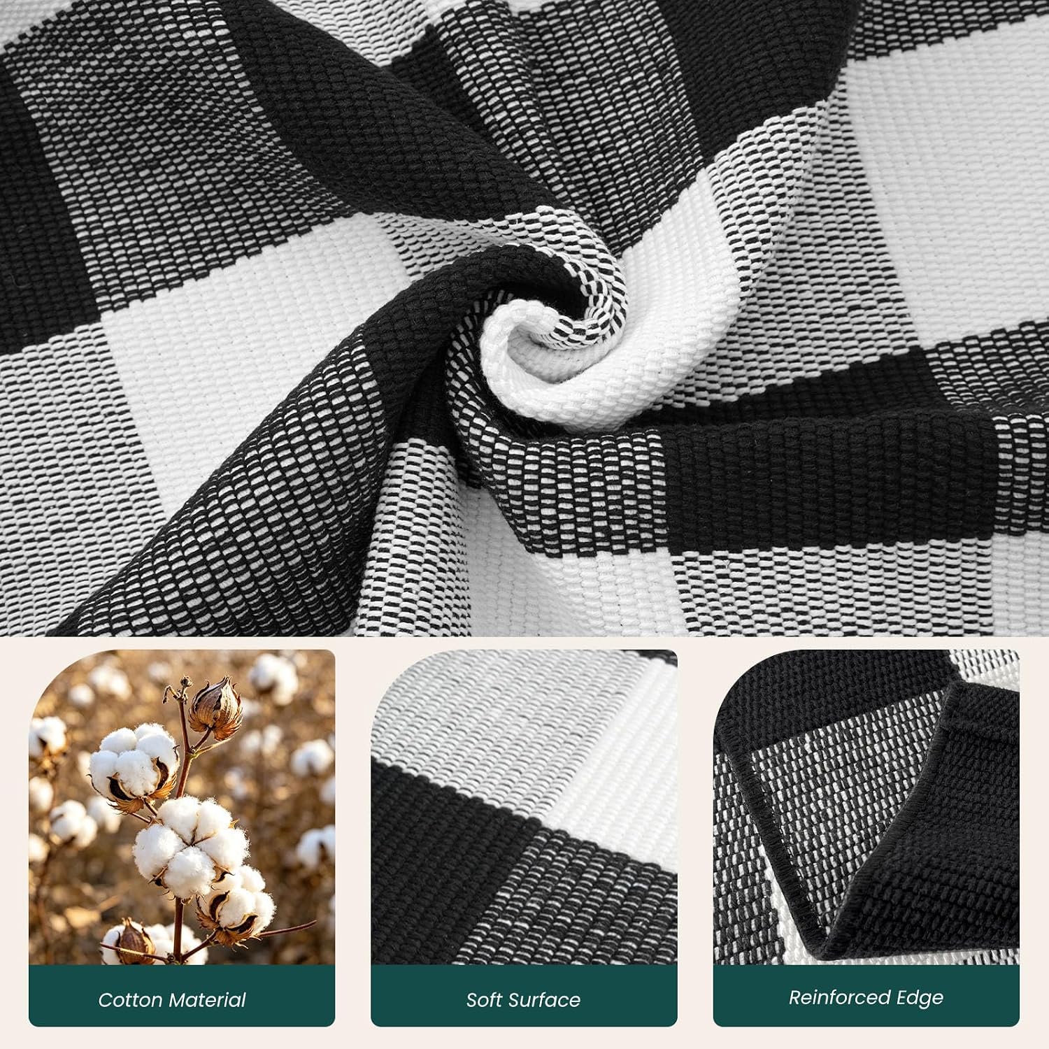 KOZYFLY Buffalo Plaid Rugs 2x4.3 Ft Black and White Rug Front Door Mat | Washable Front Door Rug, Woven Cotton Indoor Outdoor Rug, Front Porch Kitchen Entryway Patio Farmhouse Checkered Doormat