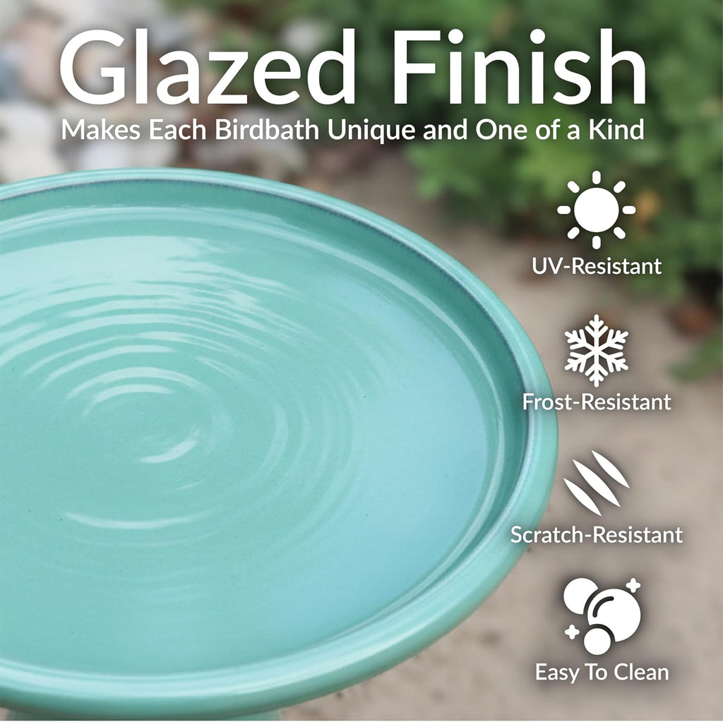 Sunnydaze Hand-Painted Ceramic Outdoor Bird Bath for Garden, 21” H, Seafoam | UV & Frost-Resistant Mineral Glazed Finish, 1 Gal Water Cap, Easy Assembly, Pedestal Bird Bath for Outside, Ceramic Birdbath