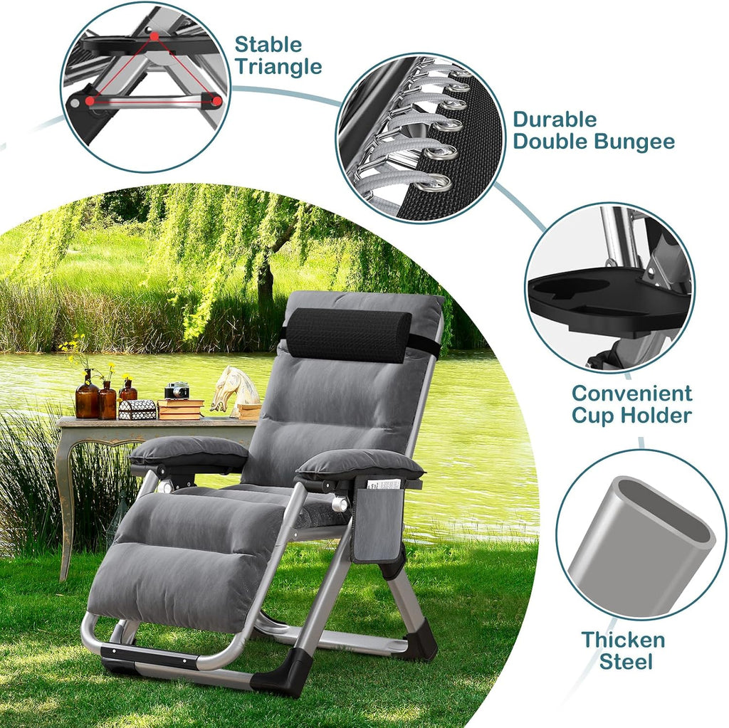 Padded Zero Gravity Chair, Folding Outdoor Lounge Chairs, Adjustable Reclining Camping Chairs with Cup Holder, Ergonomic Patio Lawn Chair for Balcony Beach Deck Yard