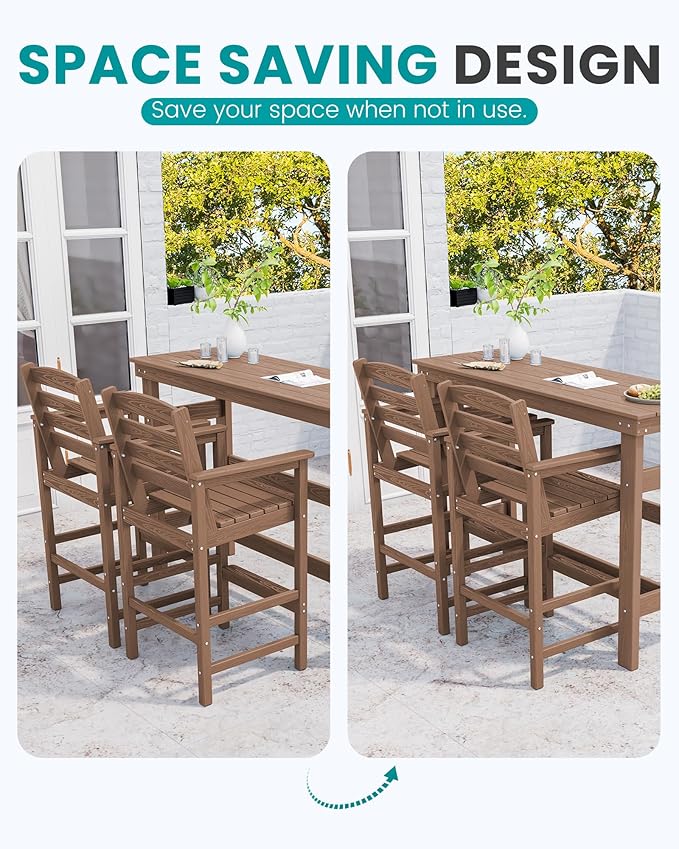 SERWALL Outdoor Bar Table and Chairs Set, Adirondack Bar Chairs Set of 2 and Bar Height Table, All Weather HDPE Patio Bar Set, Outdoor Furniture for Outside, Brown