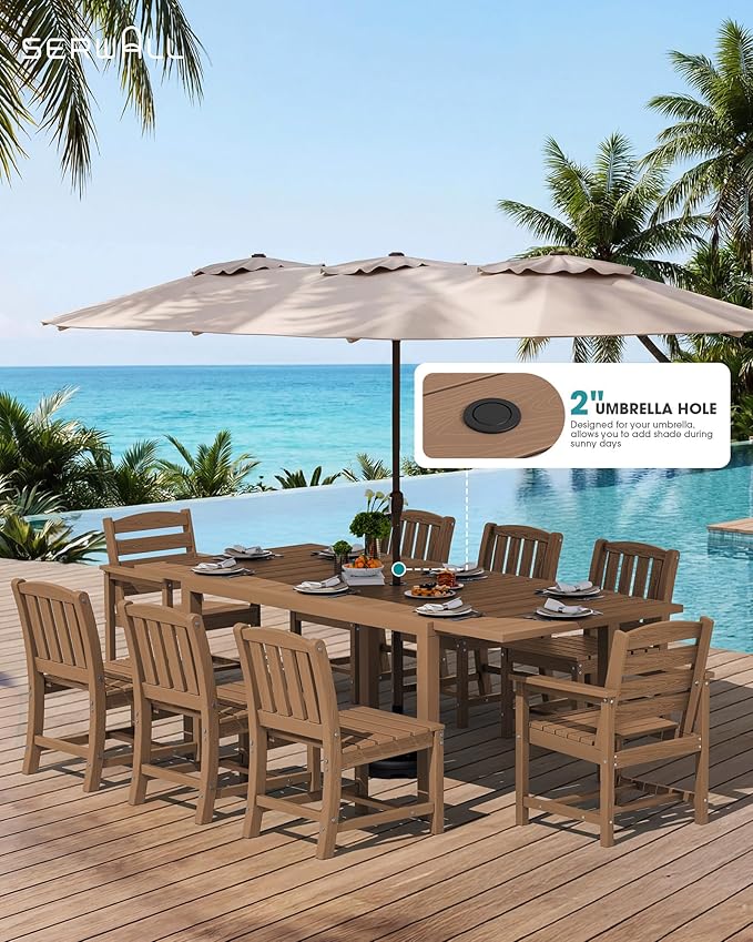 SERWALL Outdoor Expandable Dining Table 60" - 83", Patio Dining Table for 4-10 People, All Weather HDPE and Aluminum Outdoor Furniture for Backyard, Garden, Brown