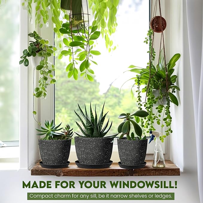 Utopia Home - Spotty Plant Pots Indoor with Drainage - 7/6.6/6/5.3/4.8 Inches Flower Pots - 5 Pack Plastic Planters - Ideal for Stocking Stuffers - (Speckled Black, Pack of 5)