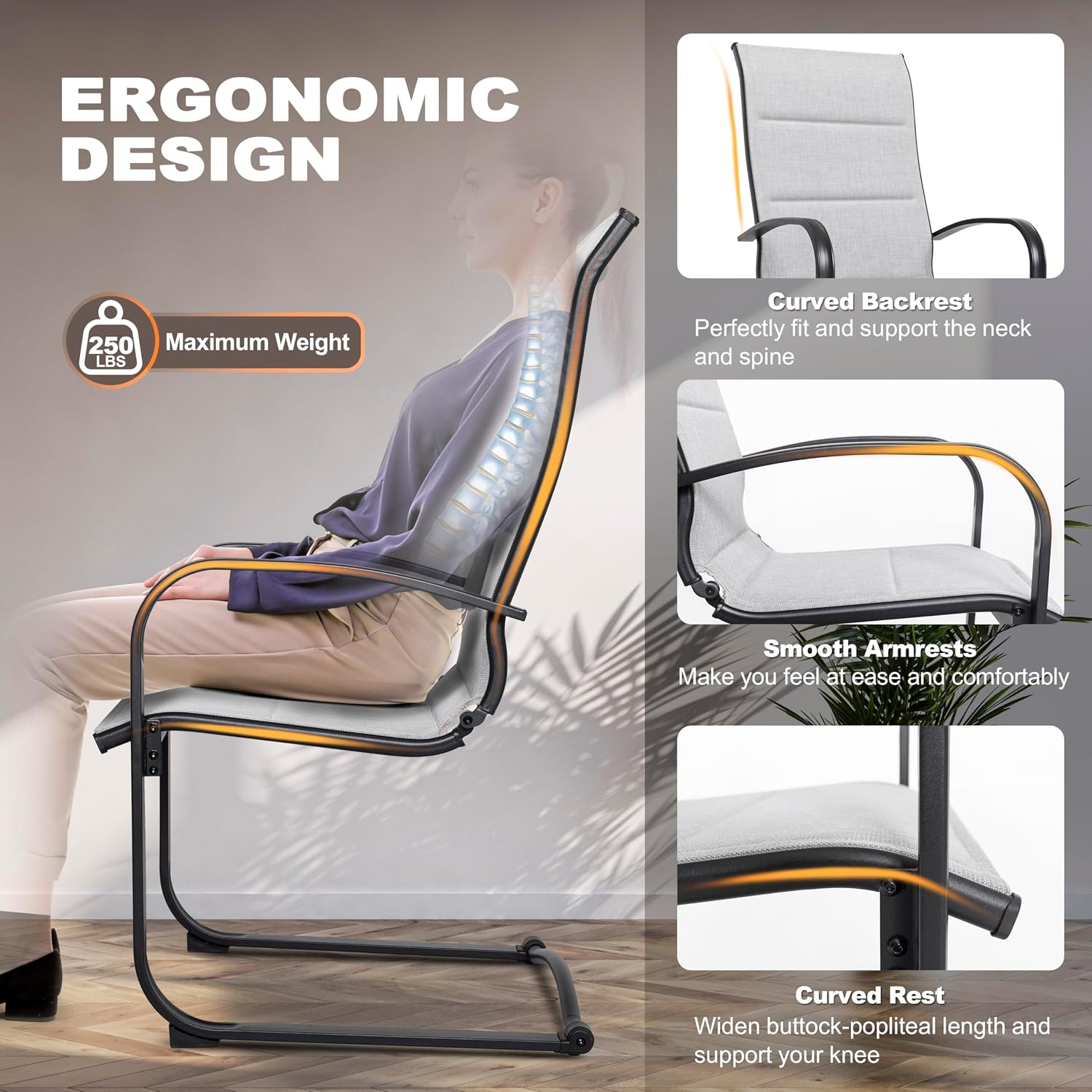 NUU GARDEN Patio Dining Chairs Set of 2, All Weather Outdoor Padded Textilene Patio Chairs, Breathable Spring Motion Textile High Back Outdoor Dining Chairs for Backyard, Lawn, Deck, Gray