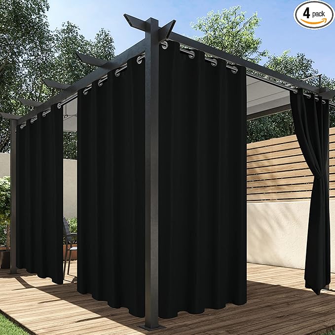 HolidayIdeas Outdoor Curtains for Patio Waterproof, 4 Panels - 54 x 120 Inch - Privacy Protection & Light Filtering Curtains Black Grommet Outside Curtains for Porch, Gazebo, Pergola, Backyard