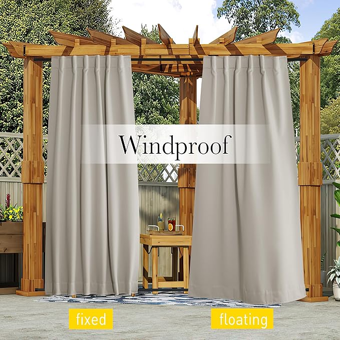 NICETOWN 2 Panels Privacy Outdoor Curtains for Patio Waterproof, Thermal Insulated Windproof Pocket & Back Tab on Top and Bottom Light & Cold Blocking Drapes with Fixed Rope for Porch, W52 x L108