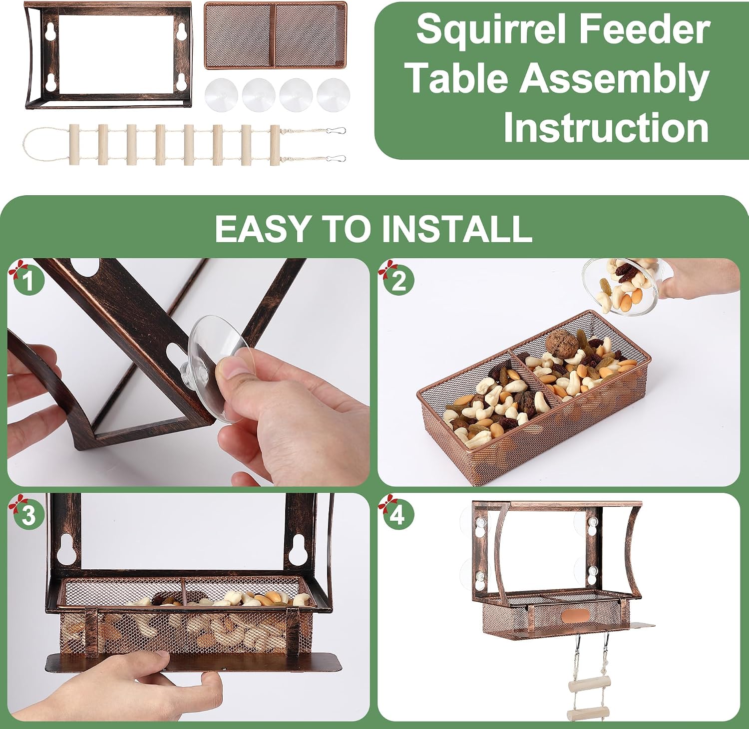 Window Squirrel Feeder, Metal, Strong Suction Cups & Ladders | Squirrel Feeders for Outside Winter, Safe Funny Chipmunk Feeder, Feeding Shelter for Squirrels for Corn Peanuts