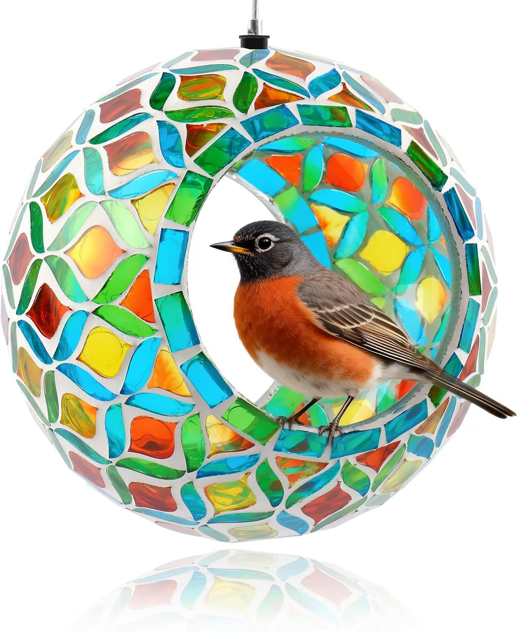 VOREEN Mosaic Glass Bird Feeder, Handcrafted Hanging Fly-Through Feeder for Outdoor Garden & Backyard, Decorative Wild Bird Feeder with Steel Wire Cable – Natural Blue & Green Mosaic Style