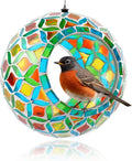VOREEN Mosaic Glass Bird Feeder, Handcrafted Hanging Fly-Through Feeder for Outdoor Garden & Backyard, Decorative Wild Bird Feeder with Steel Wire Cable – Natural Blue & Green Mosaic Style