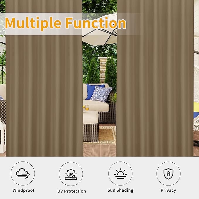 Easy-Going Outdoor Patio Curtains Detachable Tab Top Windproof Weatherproof Curtain for Cabana, Porch, Pergola and Gazebo, Tab Bottom Drape, 2 Panels, 54W x 120L inch, Khaki