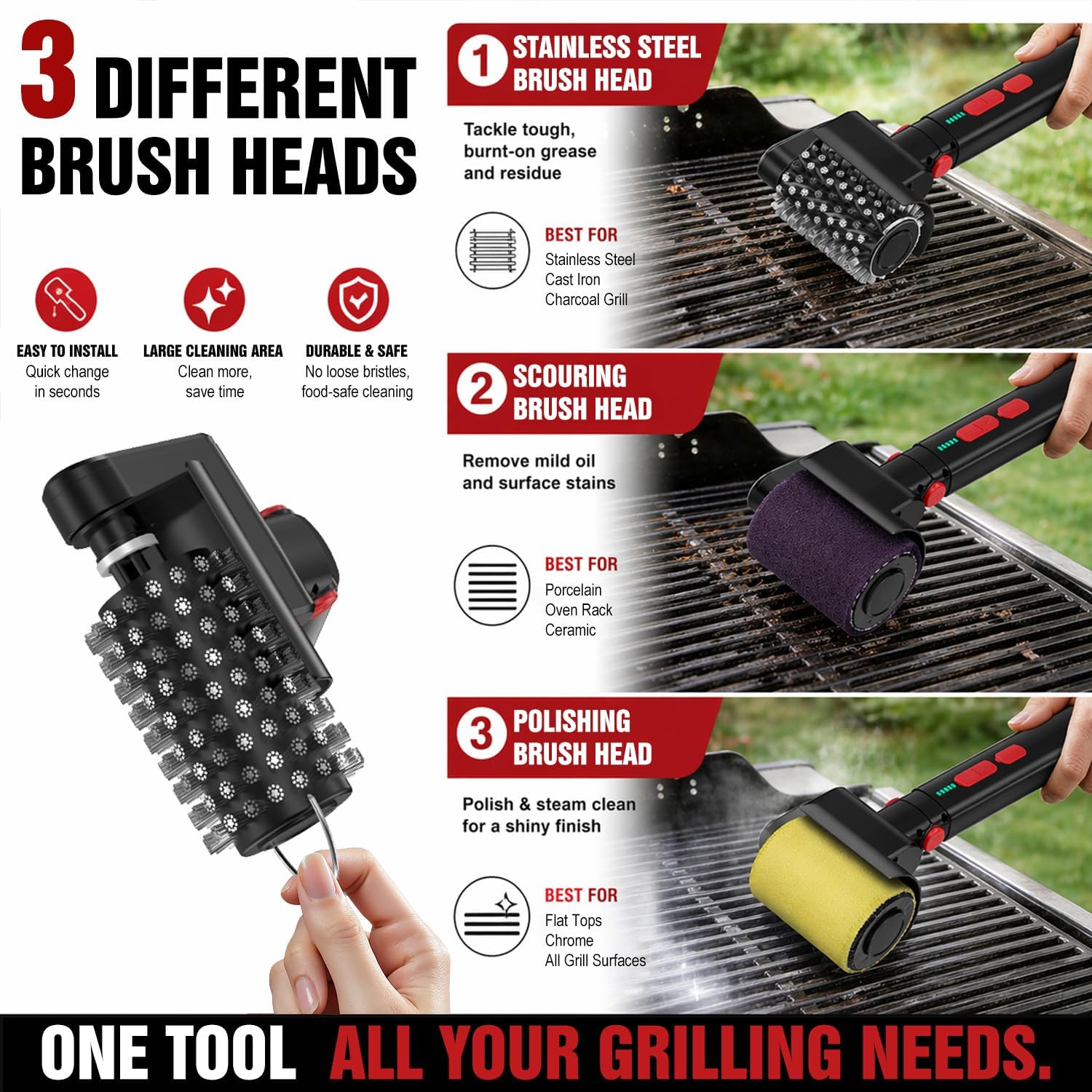 Electric Grill Brush, Rechargeable USB BBQ Grill Cleaner with 3-Speed & 3 Heads, 150+ Min Runtime, Waterproof & Heat Resistant, Cordless Rotary Grill Brush for Outdoor Barbecue Grates
