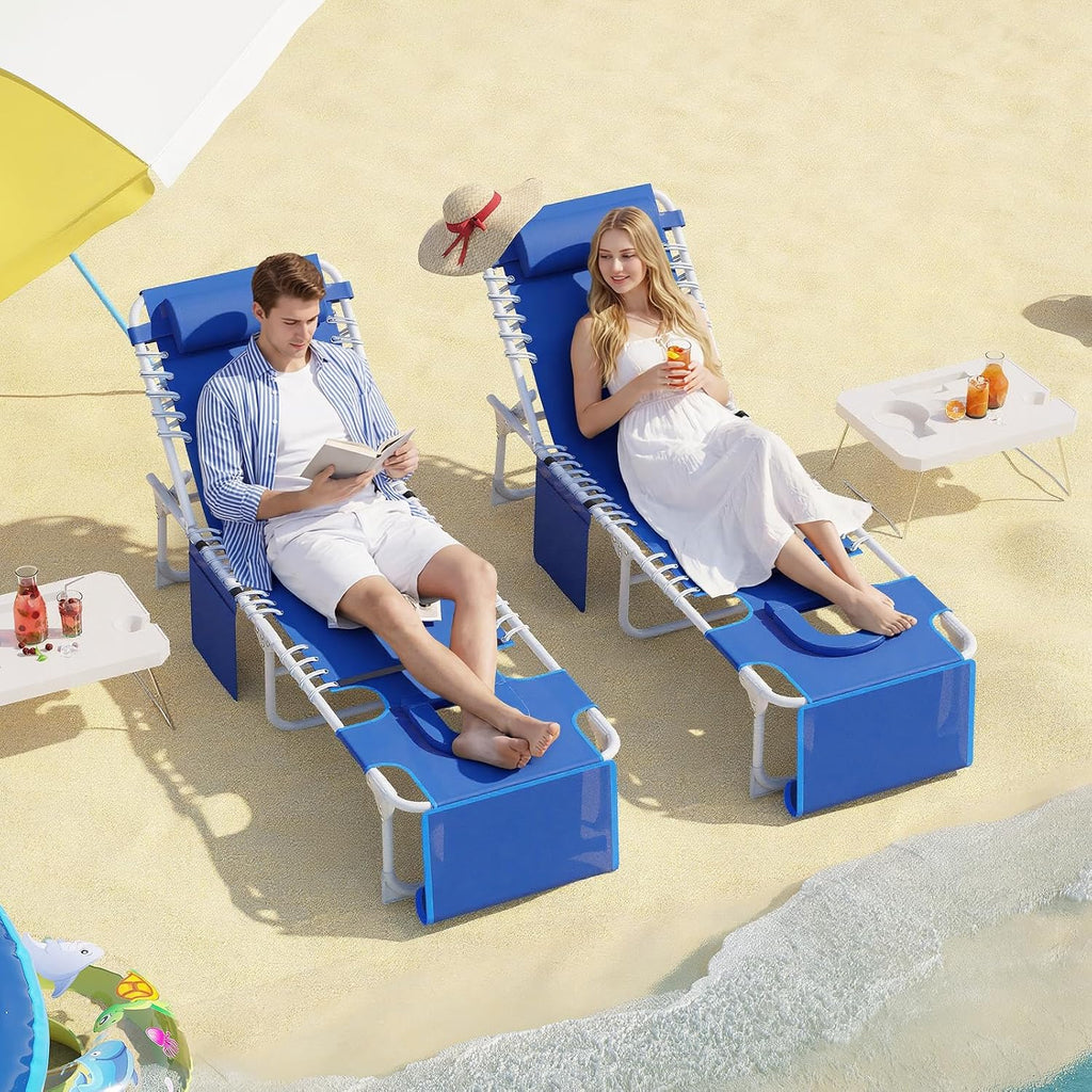 Garvee Tanning Chair with Face Hole, 3-in-1 Outside Beach Lounge Chair with Folding Table, 5 Reclining Positions and Removable Pillow, for Beach, Pool, Patio, Garden -Max 330lbs (Blue) | with Folding Table, 5 Reclining Positions and Removable Pillow, for