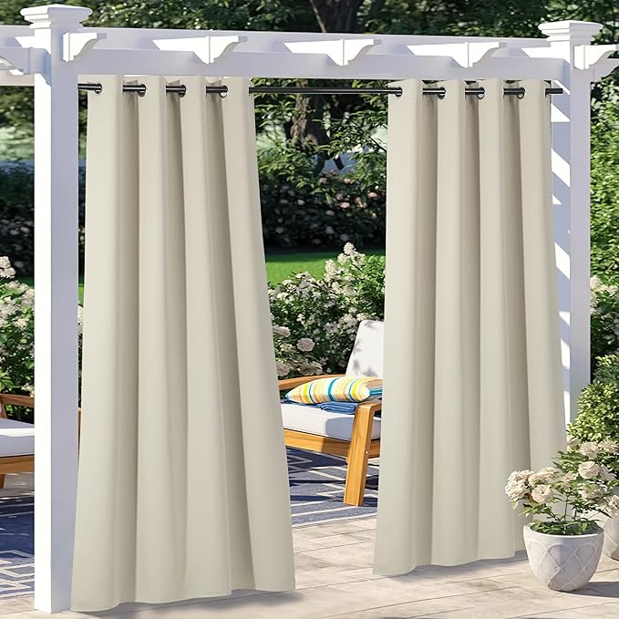 NICETOWN 2 Panels Outdoor Curtains for Patio Waterproof W52 x L108, Triple Weave Stainless Steel Silver Grommet Thermal Insulated Privacy Room Darkening for Outdoor Living, Beige