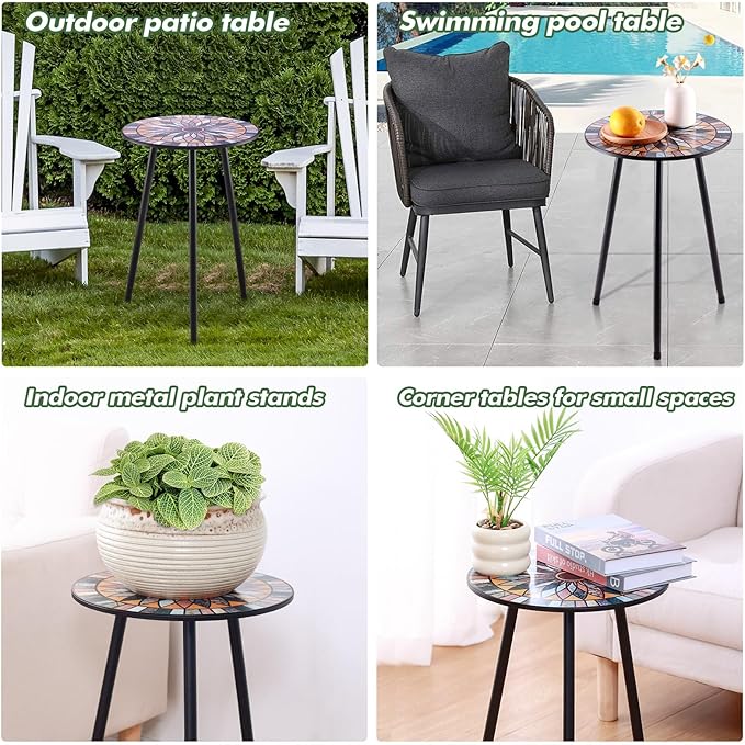 Party Zealot Metal Mosaic Round Side Tables Set of Two 13.4" Small Outdoor Patio Round Accent Coffee Tables Indoor Corner Stand for Small Spaces Weather-Resistant for Balcony Plant Stand