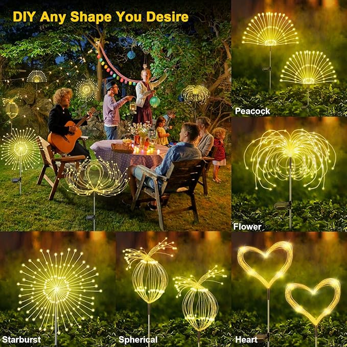 Solar Garden Lights Outdoor, 6 Pack 120 LED Twinkling Firework Lights Decorative with 2 Modes, Outdoor Waterproof Solar Starburst Light for Outside Yard Pathway Garden Decor, Warm White