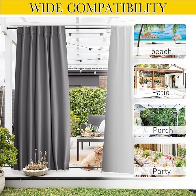 NICETOWN 2 Panels Outdoor Curtains for Patio Waterproof & Windproof, Rod Pocket & Back Tab on Top & Bottom for Privacy and Wind Resistant for Pergola, Free Rope Included, Grey, W52 x L84 per Panel