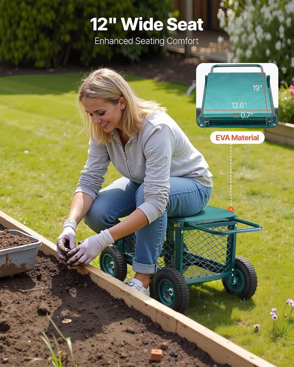 vevor rolling garden cart with seat, metal rolling showing dimensions