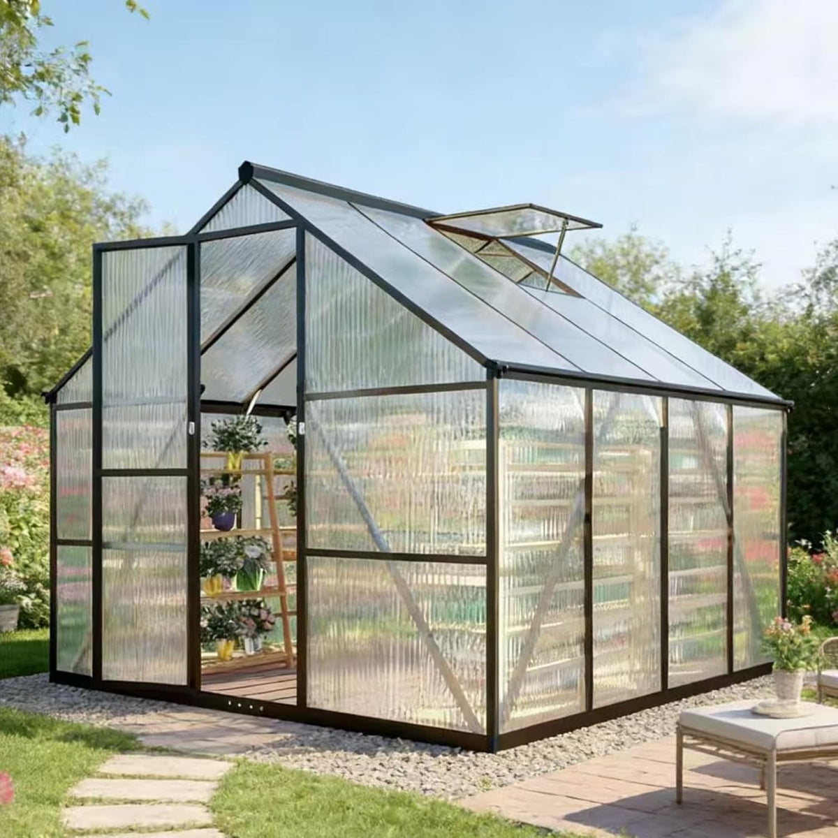 8x8ft outdoor greenhouse with roof vent, charcoal black, main product view