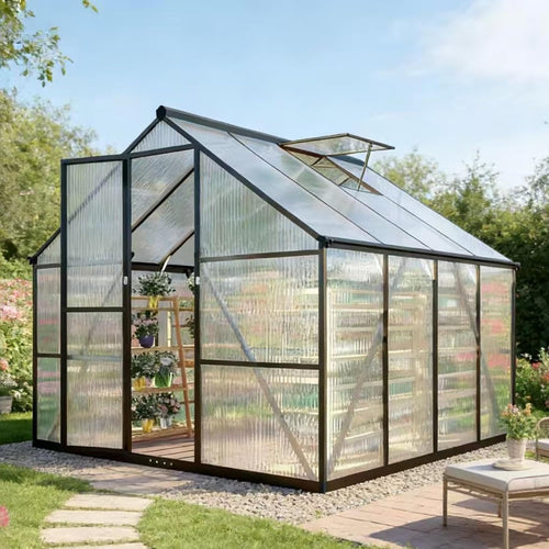 8x8ft outdoor greenhouse with roof vent, charcoal black, main product view