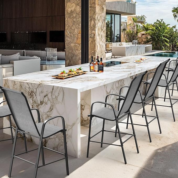 VINGLI Set of 4 Stackable Outdoor Bar Stools – Sling Chairs with High Back & Armrests, for Lawn, Garden, Bar, Grey